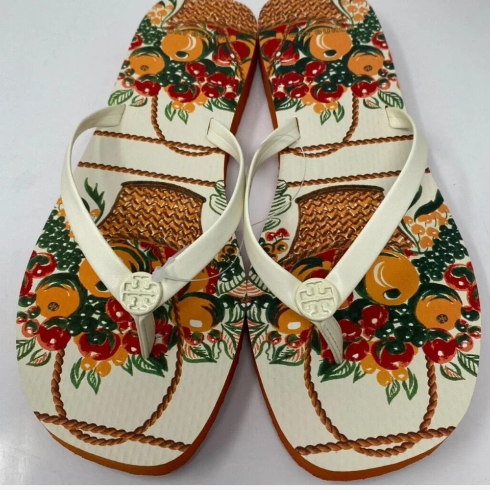 Tory Burch Flat Flip Flop Orange Fruit Pattern